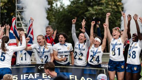 Great Britain women's flag football team celebrate winning the European Championships in 2025