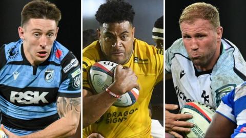 L-R: Cardiff's Josh Adams, Fine Inisi of Dragons and Ross Moriarty of Ospreys in URC second-round action