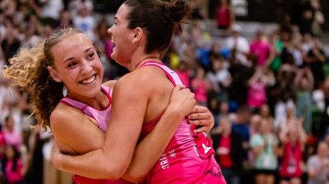 London Pulse celebrate in a match against Loughborough Lightning