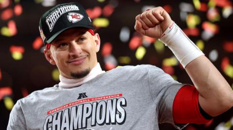 Patrick Mahomes celebrates after the Kansas City Chiefs beat the Buffalo Bills in the 2025 AFC Championship game