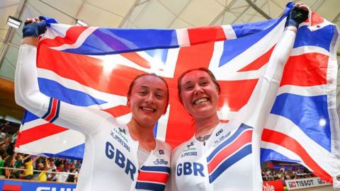 Maddie Leech and Katie Archibald celebrate with a Union Jack