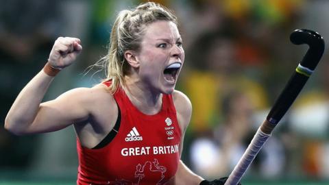 Hollie Pearne-Webb celebrates scoring the gold medal-winning goal at the Rio 2016 Olympics