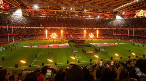 Fireworks inside the Principality Stadium full of fans