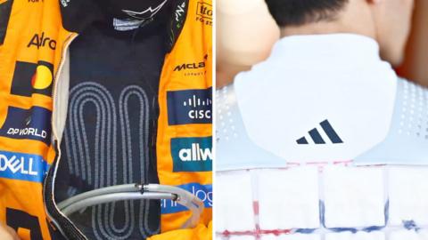 Split screen image showing the front and back of two different cooling vests on two drivers