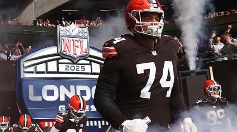 Teven Jenkins of the Cleveland Browns runs on to the field before their game against the Minnesota Vikings at Tottenham Hotspur Stadium