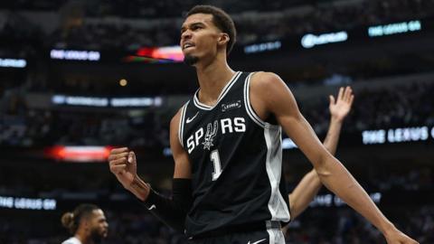 Victor Wembanyama celebrates