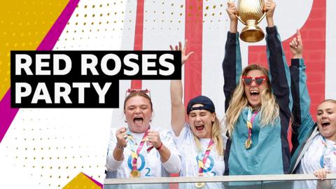 Sarah Bern, Meg Jones, Zoe Aldcroft and Mackenzie Carson lift the World Cup trophy whilst wearing their gold medals.