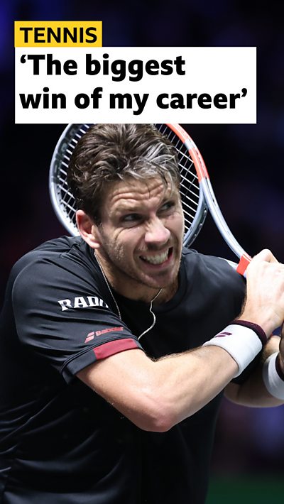 A composite image of Cameron Norrie holding a tennis racket. Text has been added.