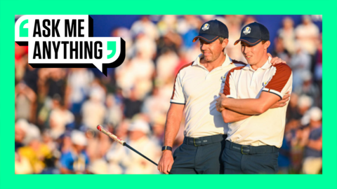 Rory McIlroy and Matt Fitzpatrick during the 2023 Ryder Cup with an Ask Me Anything border around them