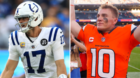 Daniel Jones and Bo Nix pictured celebrating wins in the NFL