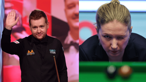 Ben Woollaston waves on his Crucible entrance, while Tatiana Woollaston studies the table