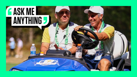 Francesco Molinari and Gianfranco Zola in a golf buggy