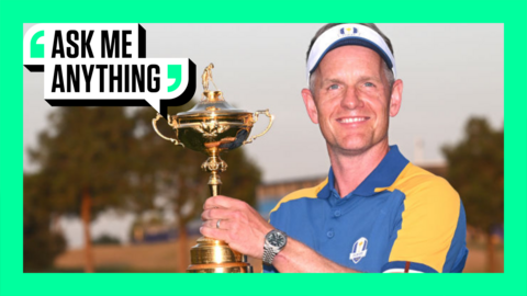 Luke Donald holding the Ryder Cup trophy with an Ask Me Anything border around him