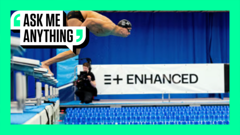 An image of a swimmer diving into a pool with the Enhanced branding behind him